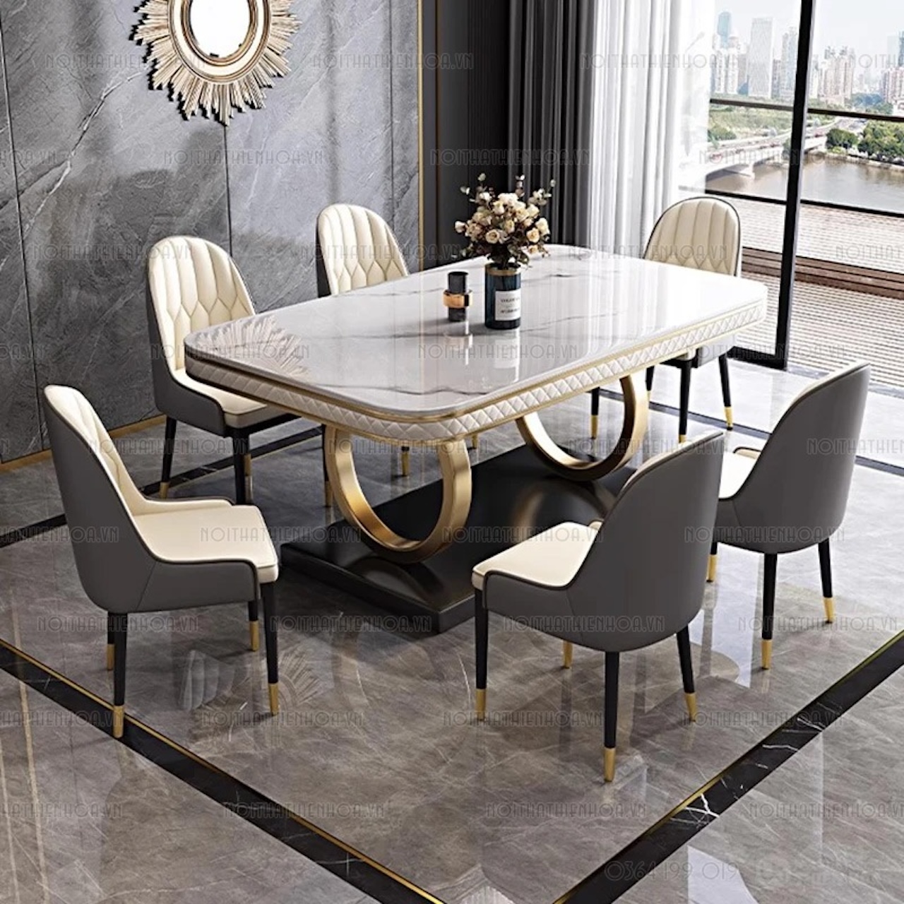 Bàn ăn mặt đá nhập khẩu cao cấp chân inox vàng từ AMA Furniture